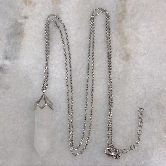 White Crystal Quartz Silvertone Crystal Point Pendant Necklace - Picture 3 of 9